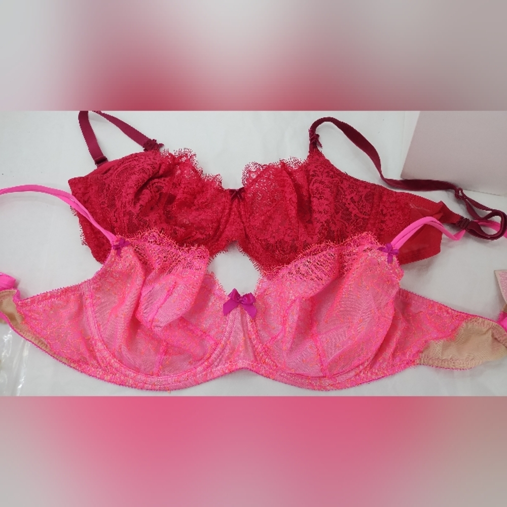 Victoria's Secret Bundle of 2 Unlined Demi Bra Lace Red, Pink Tan Lace Underwire